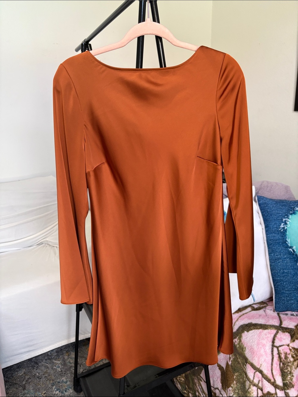 Silk satin- Giani Bernini Long-Sleeve A-Line Dress in Rust Brown